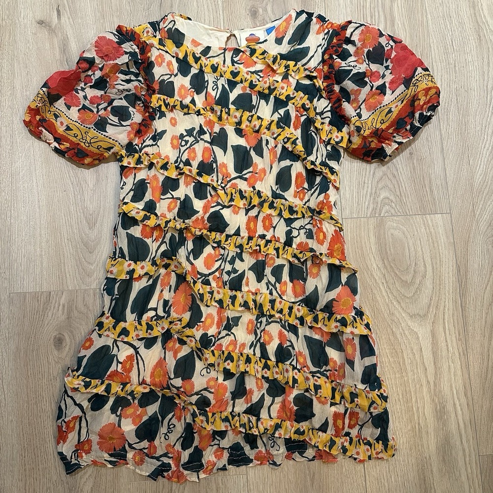 Farm Rio x Anthropologie Puff-Sleeve Fitted Mini Dress. Size L EUC Boho Colorful - Picture 4 of 11